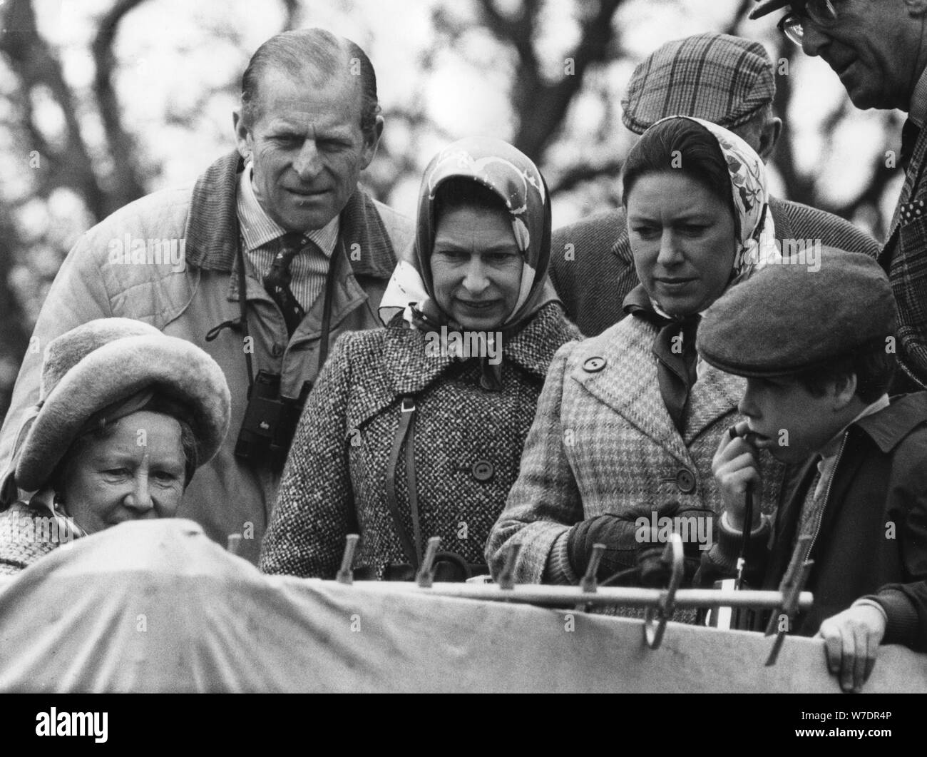 The Royal family watch a portable television at the Badminton Horse Trials, 1973. Artist: Unknown Stock Photo