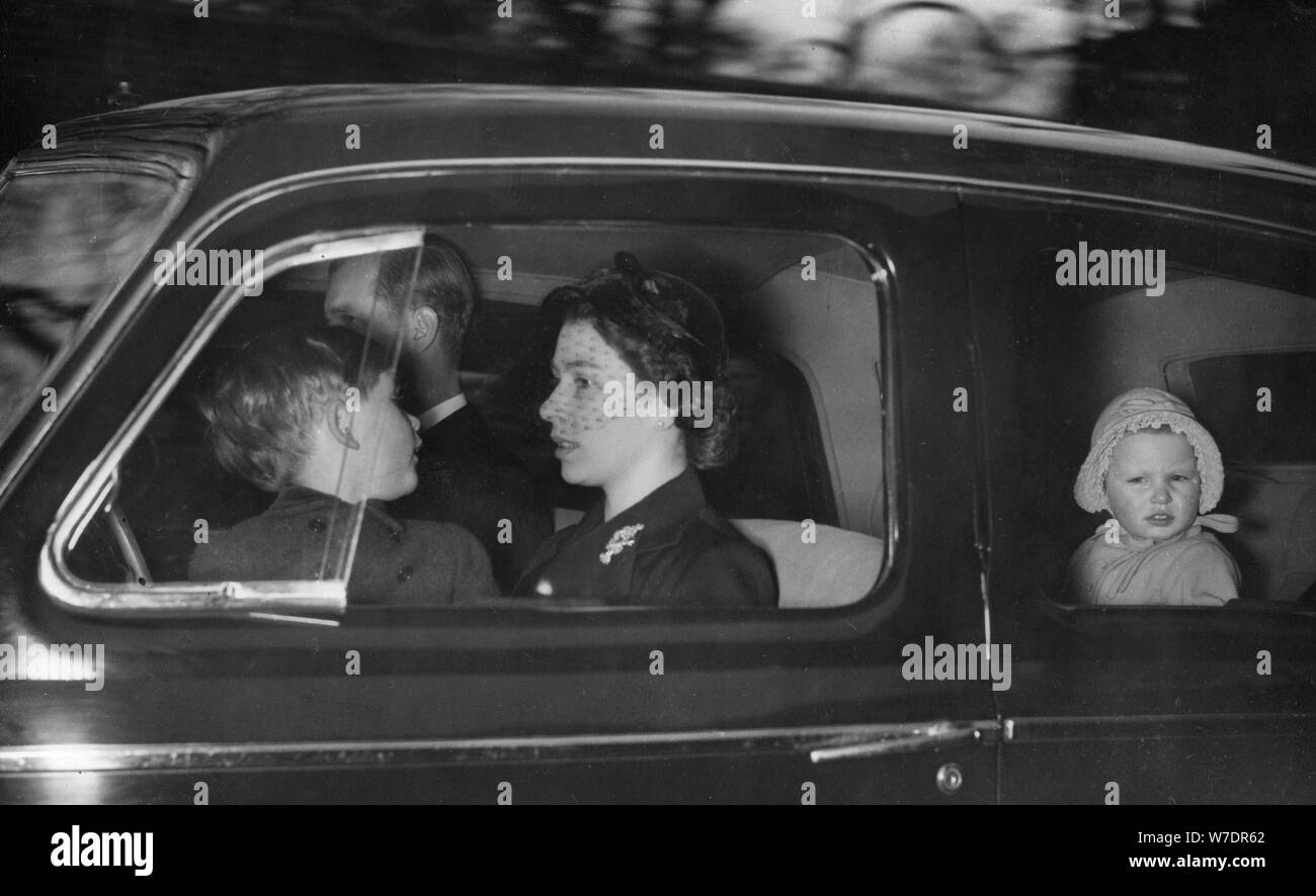 The Royal couple leaving Clarence House for Windsor after George VI's death, 1952. Artist: Unknown Stock Photo