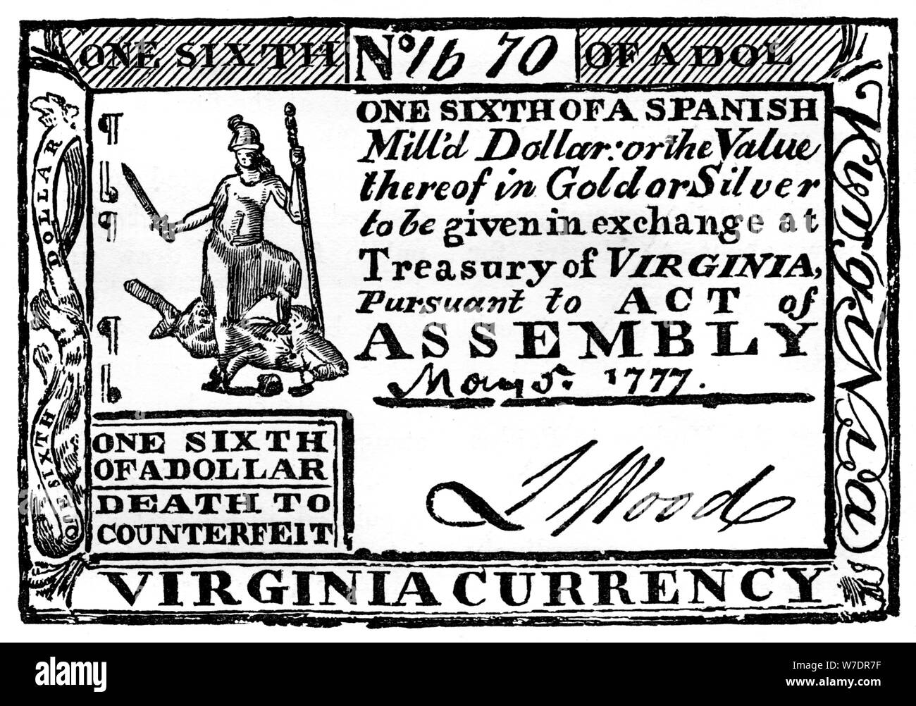 Virginia paper money, 1777 (c1880). Artist: Unknown Stock Photo