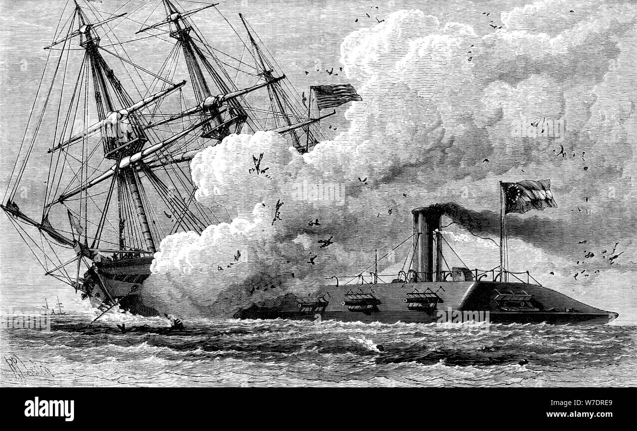 The Confederate ironclad 'Merrimac' sinking the USS 'Cumberland', 1862 (c1880). Artist: Unknown Stock Photo