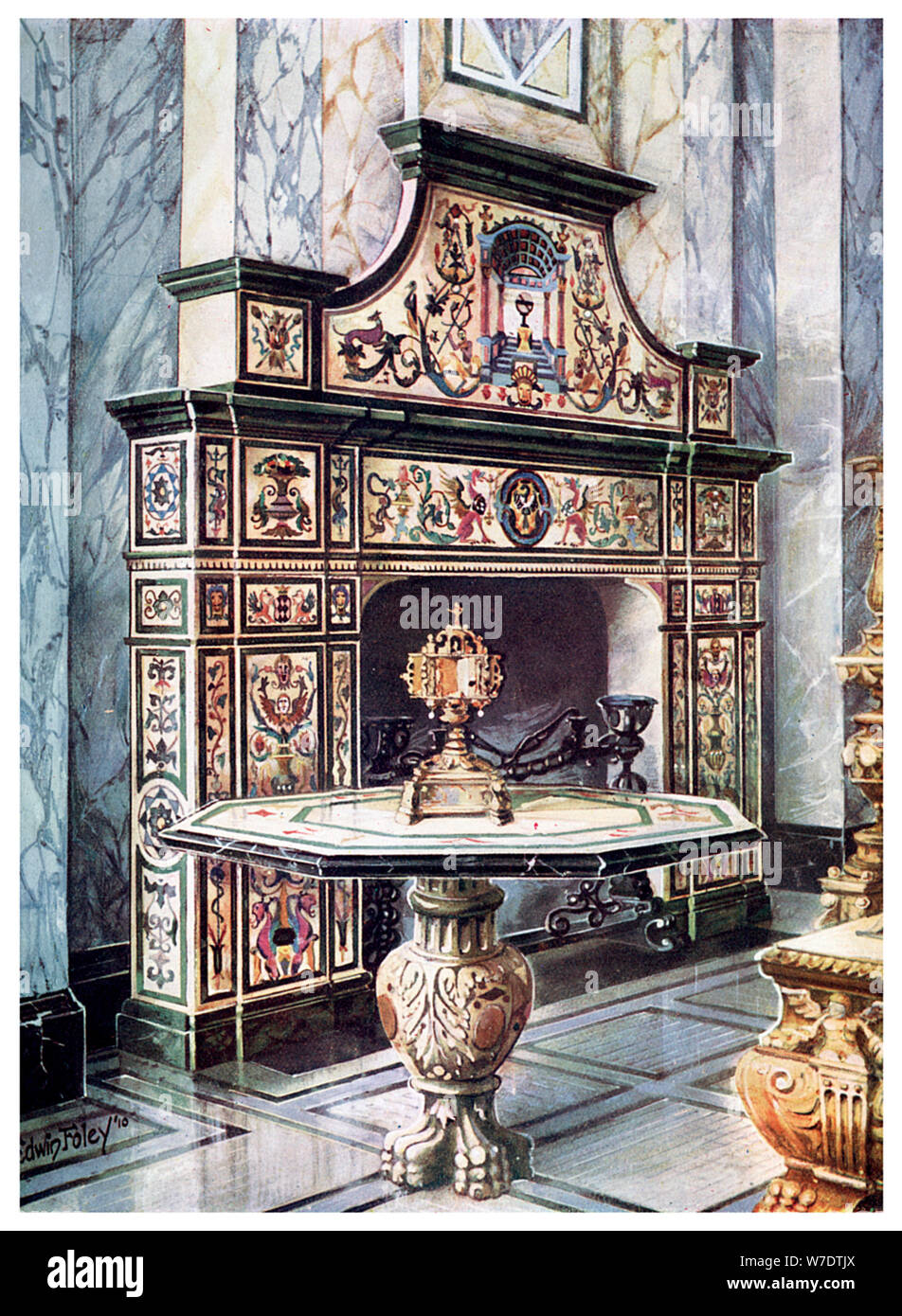 Chimneypiece and table in coloured Florentine mosaic, 1910. Artist: Edwin Foley Stock Photo