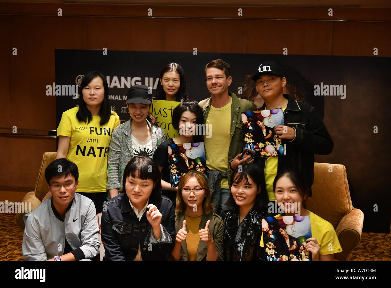 American singer and songwriter Nate Ruess of the indie pop band Fun, back  second right, attends a press conference to promote their concert during  the Stock Photo - Alamy