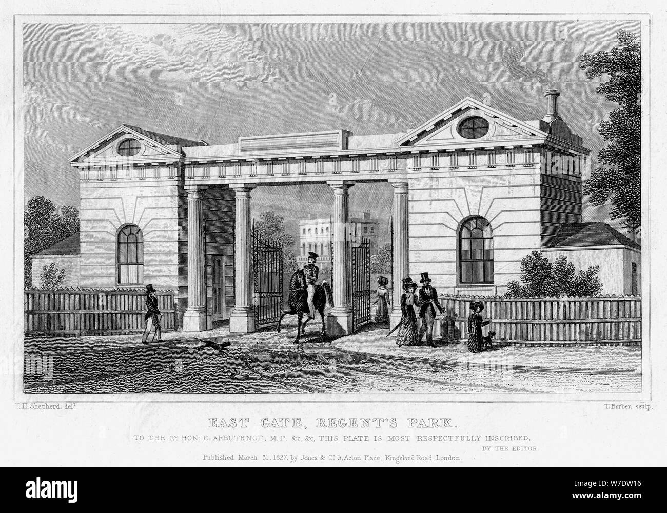 East Gate, Regent's Park, London, 1827.Artist: Thomas Barber Stock Photo