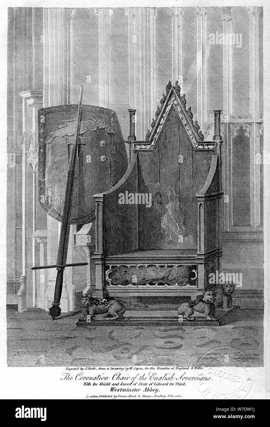 The coronation chair of the English sovereigns, Westminster Abbey, London, 1810.Artist: John Roffe Stock Photo