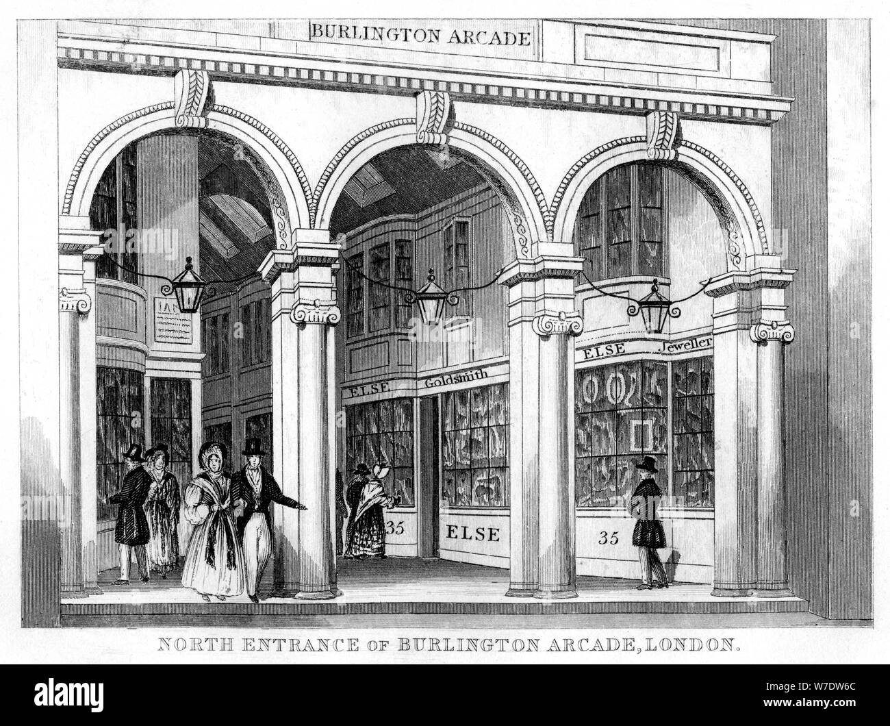 North entrance of Burlington Arcade, Westminster, London, 19th century. Artist: Unknown Stock Photo