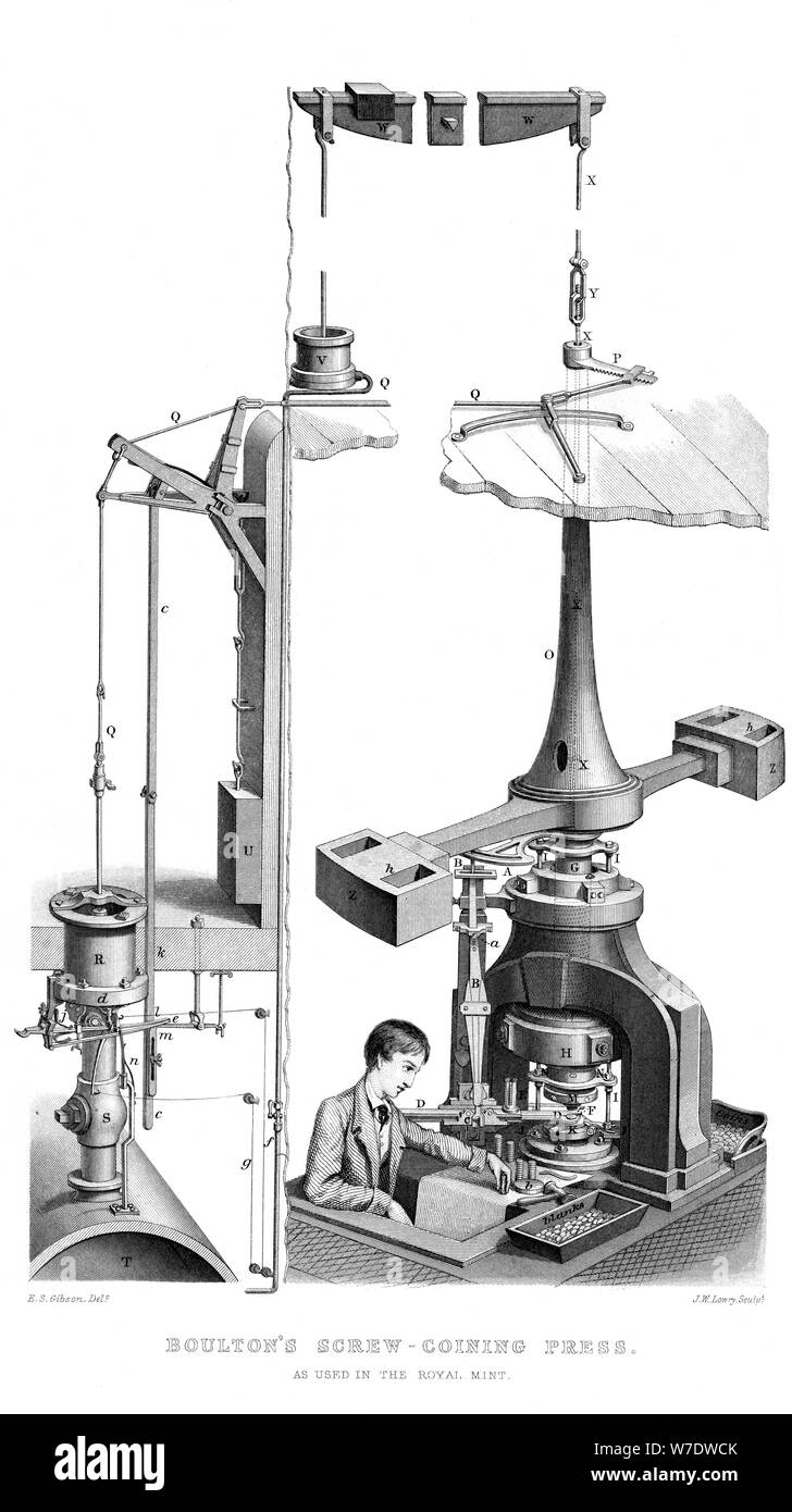 Boulton's Screw Coining Press, As Used in the Royal Mint, 1866.Artist: Joseph Wilson Lowry Stock Photo