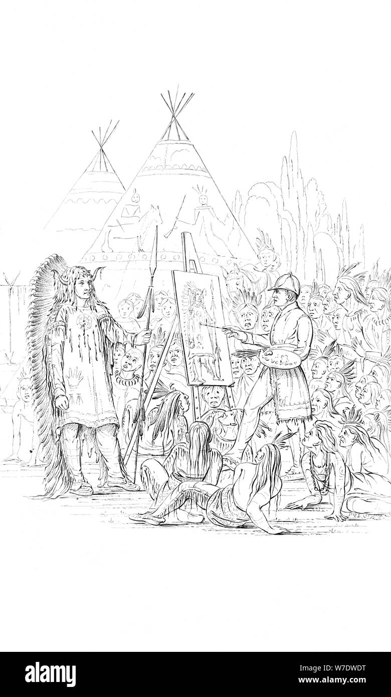 Painting a portrait of a Native American, 1841. Artist: Unknown Stock Photo