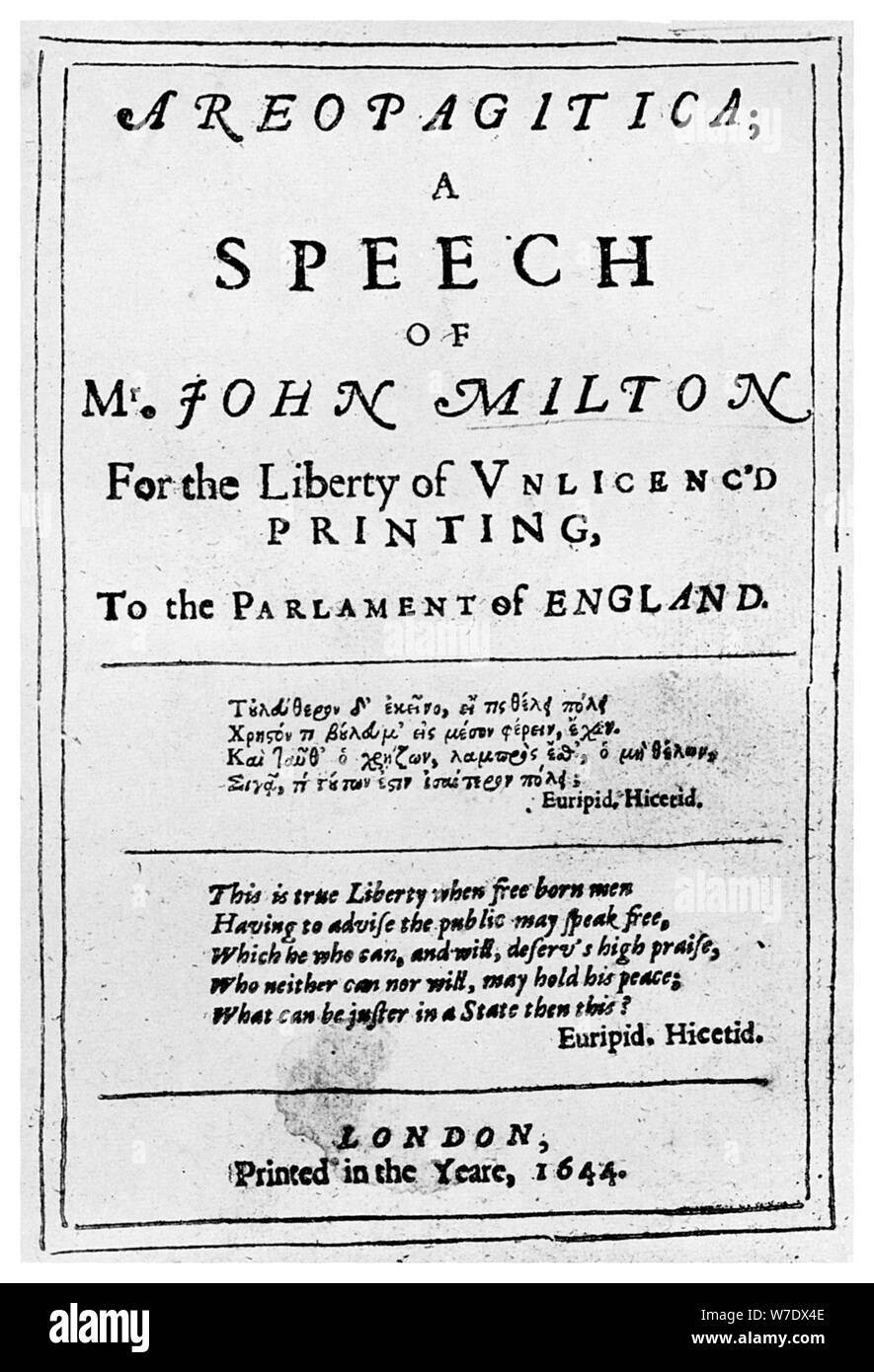 Freedom of the press: title page from the Areopagitica by John Milton, 1644 (1956). Artist: Unknown Stock Photo