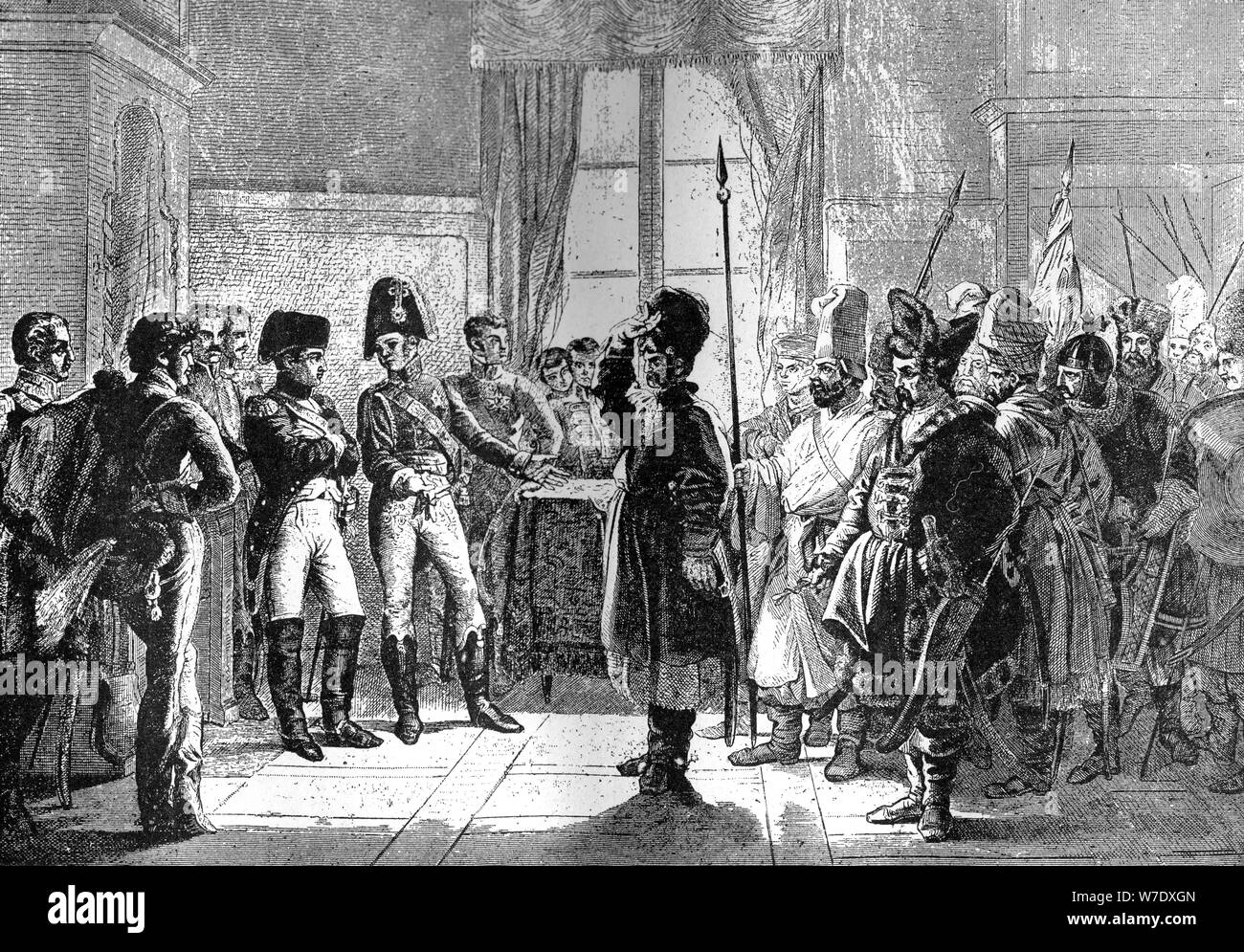 Tsar Alexander I presenting Russian troops to Napoleon, 8th July 1807 (1882-1884). Artist: Unknown Stock Photo