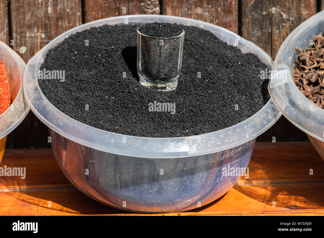 Basin of black cumin at a market in Azerbaijan. Stock Photo