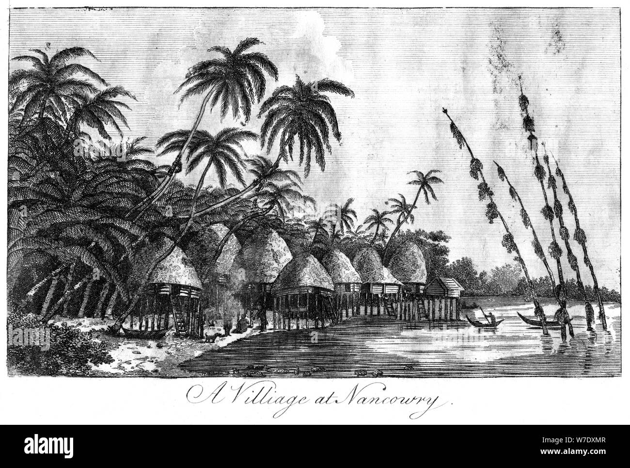 'A Village at Nancowry', Nicobar Islands, 1799. Artist: Unknown Stock Photo