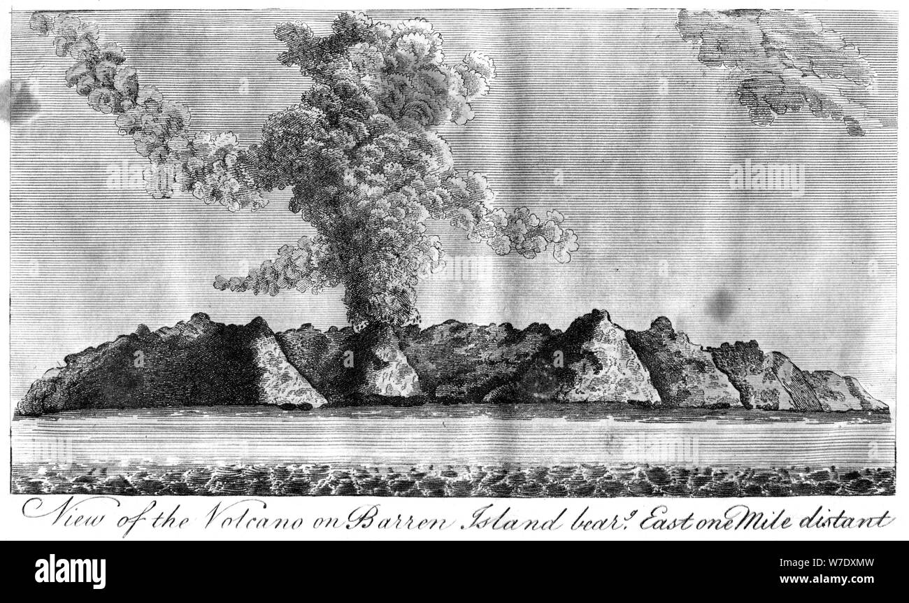 'View of the volcano on Barren Island', Andaman Islands, 1799. Artist: Unknown Stock Photo