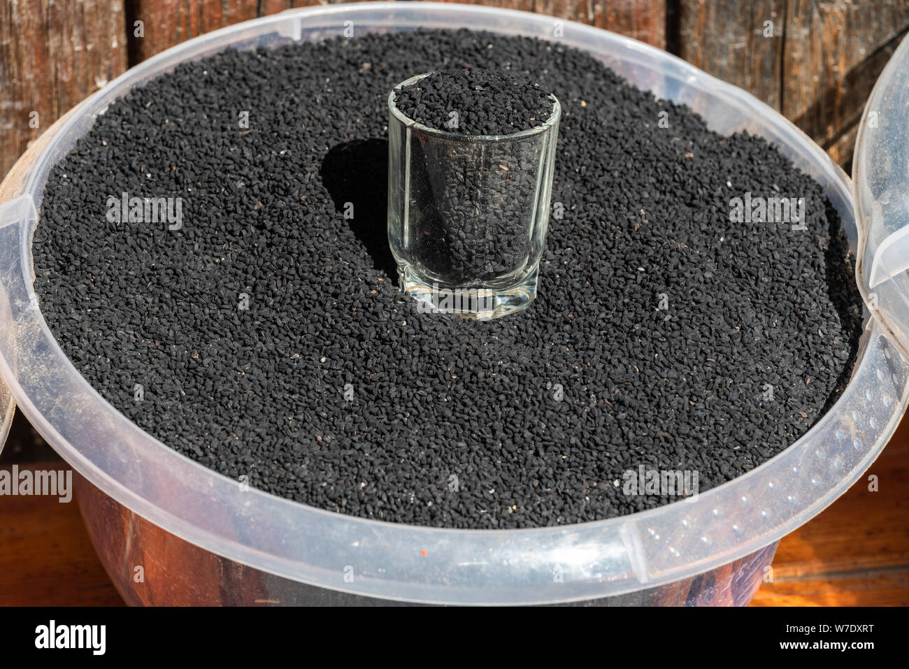 Basin of black cumin at a market in Azerbaijan. Stock Photo