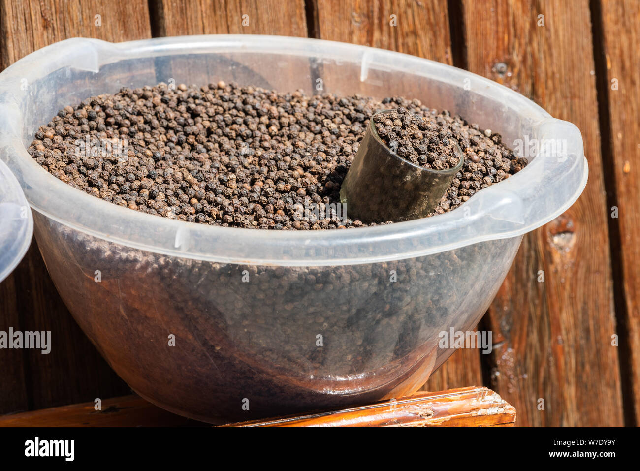 Basin of black peppercorns at a market in Azerbaijan. Stock Photo