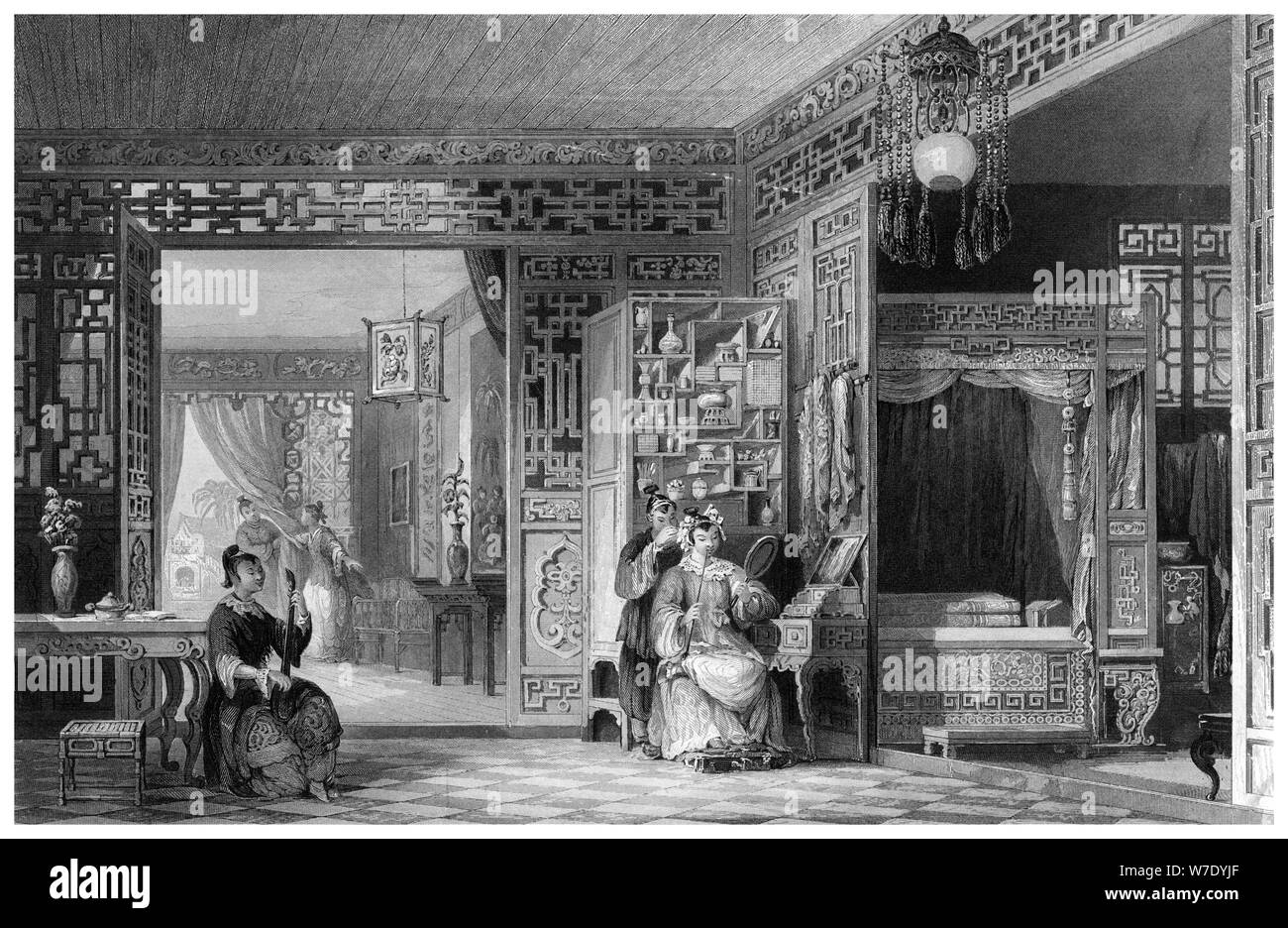 Boudoir and bed chamber of a lady of rank, China, 19th century. Artist: W Floyd Stock Photo