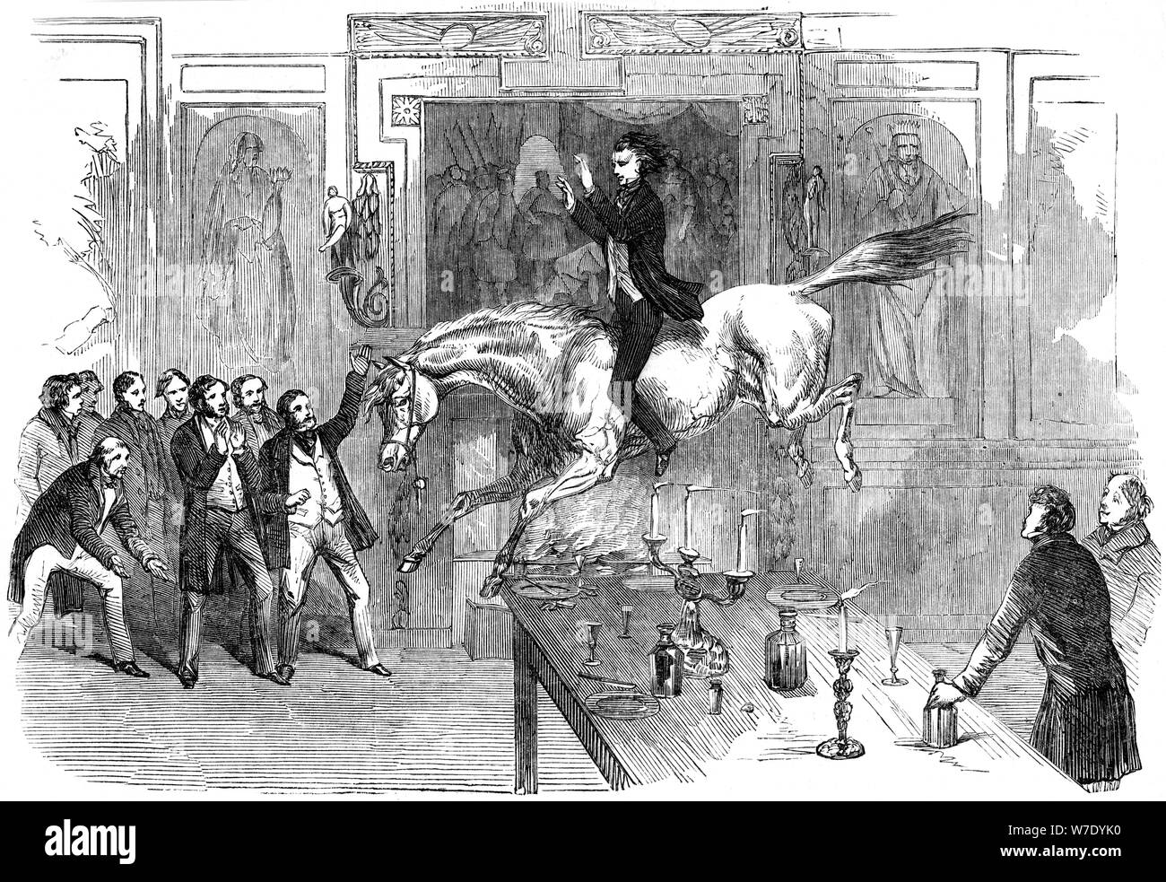 Daring leap in the dining room of the White Hart Hotel, Aylesbury, Buckinghamshire, 19th century. Artist: Unknown Stock Photo