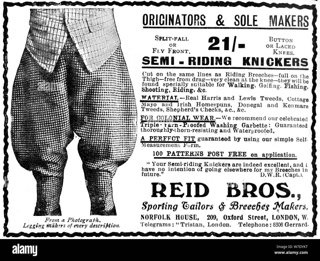 Advert for Reid Bros, Sporting Tailors & Breeches Makers. Artist: Unknown Stock Photo