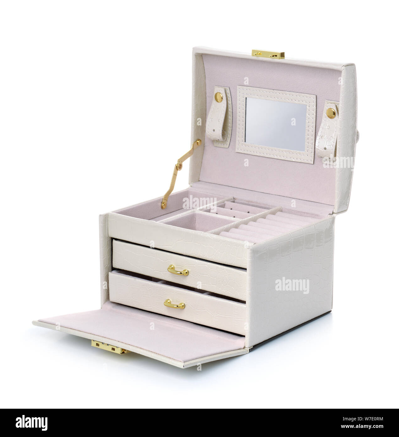 Open empty leather jewelry box on white Stock Photo