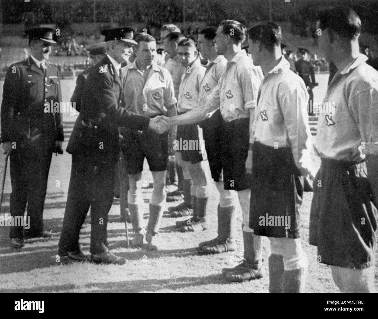 Introductions before a RAF vs Metropolitan Police football match, Wembley, London, 1942. Artist: Unknown Stock Photo