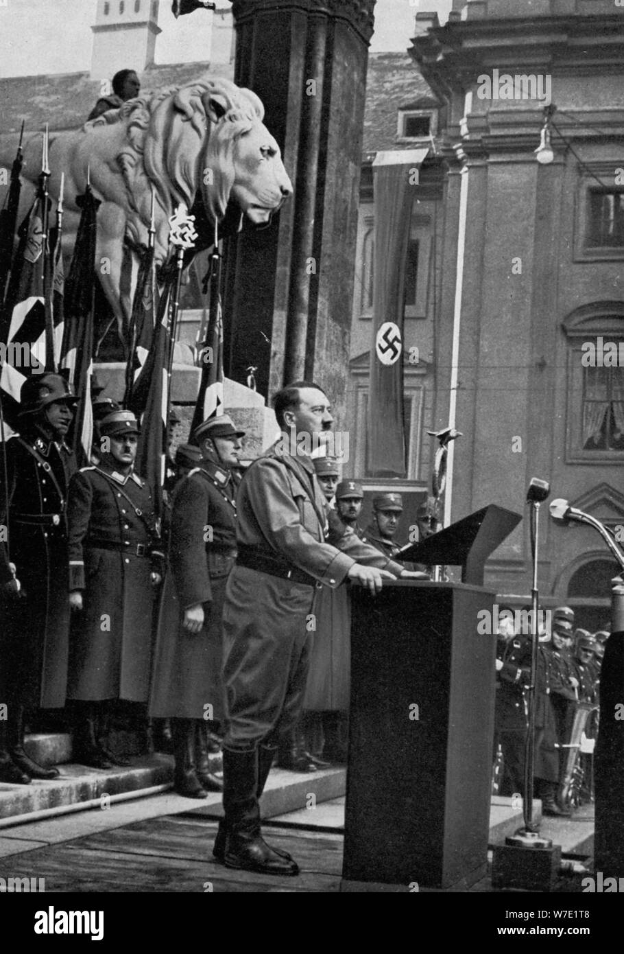Adolf Hitler speaking at the Feldherrnhalle, Munich, Germany, 9 November 1934. Artist: Unknown Stock Photo