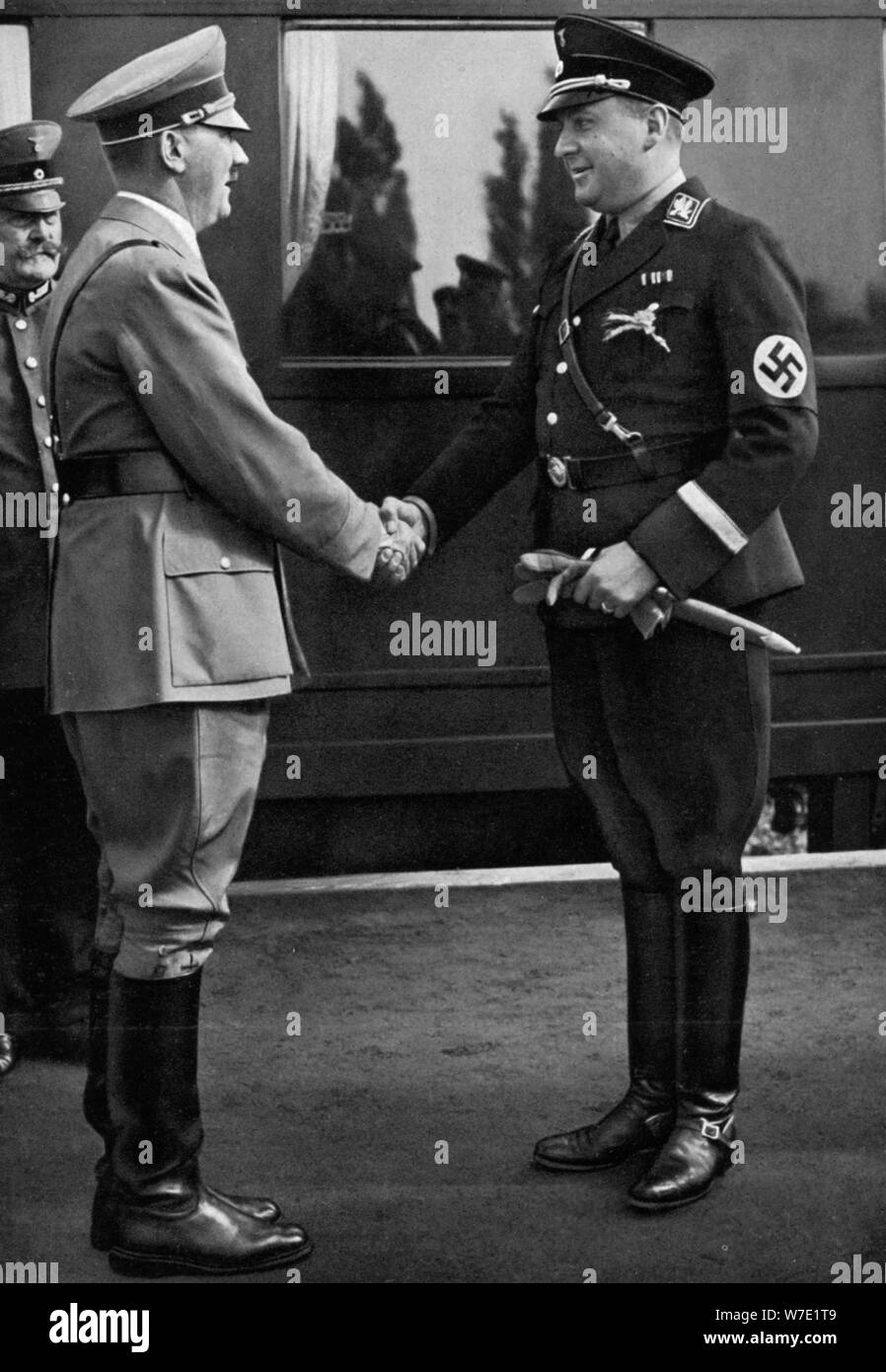 Minister Darré greets the Führer during Erntedankfestes (Harvest Festival), 1936. Artist: Unknown Stock Photo