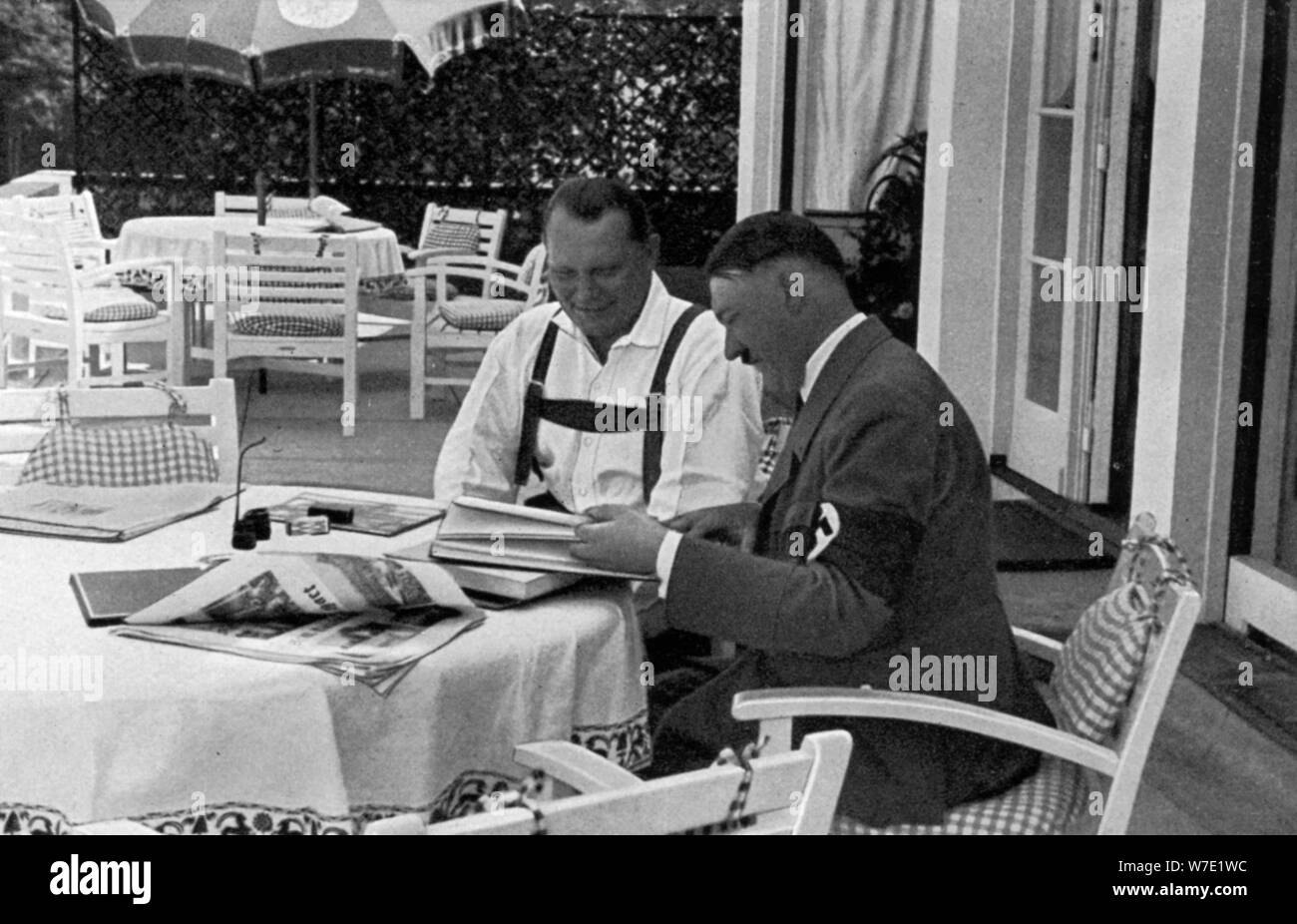 Hermann Goering and Adolf Hitler at his residence in Obersalzberg, Bavaria, Germany, 1936. Artist: Unknown Stock Photo