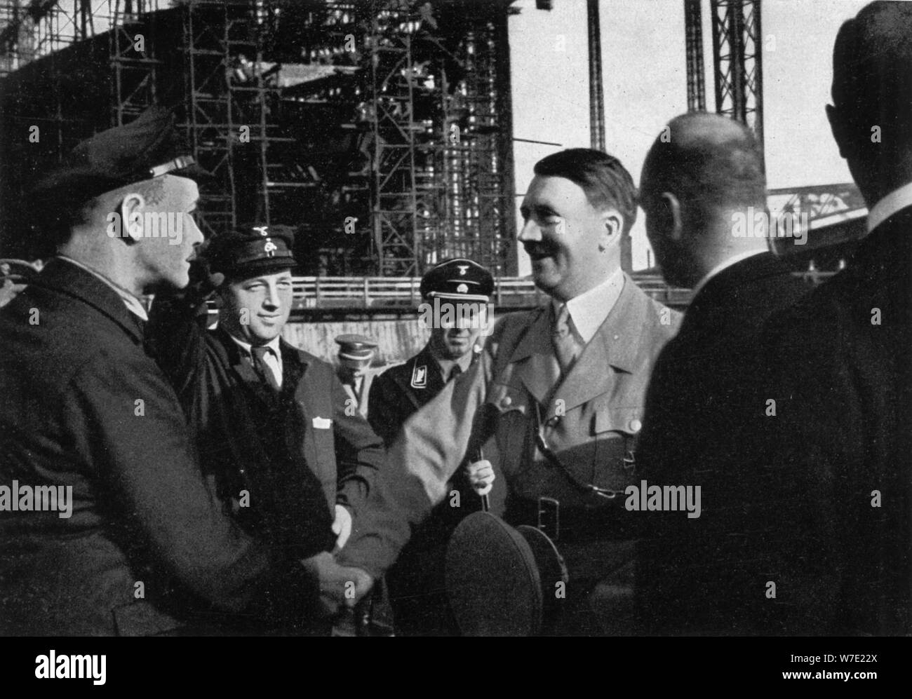 Adolf Hitler meeting the workers of the Blohm & Voss shipyard, Hamburg, Germany, 1934. Artist: Unknown Stock Photo