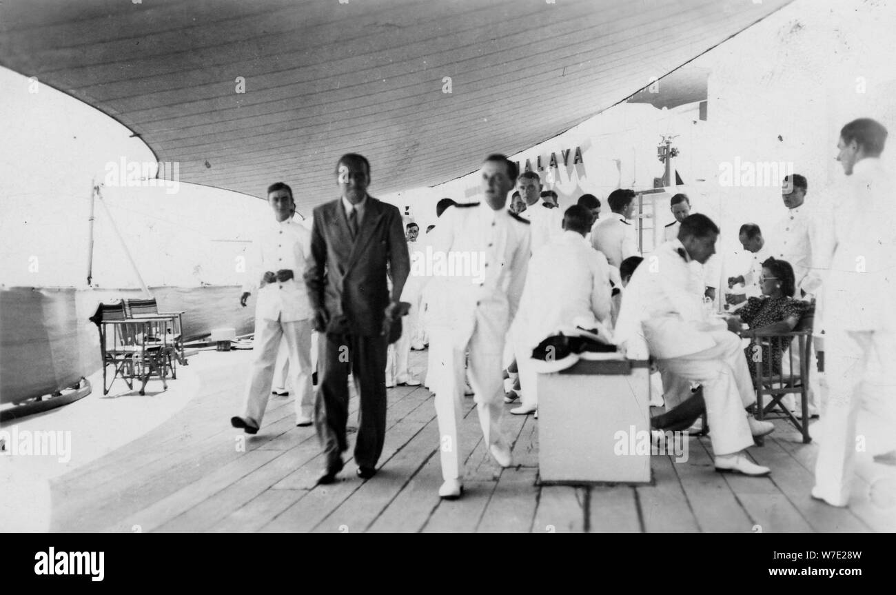 American actor and film director Douglas Fairbanks, Sr on board HMS 'Malaya', Venice, Italy 1938. Artist: Unknown Stock Photo