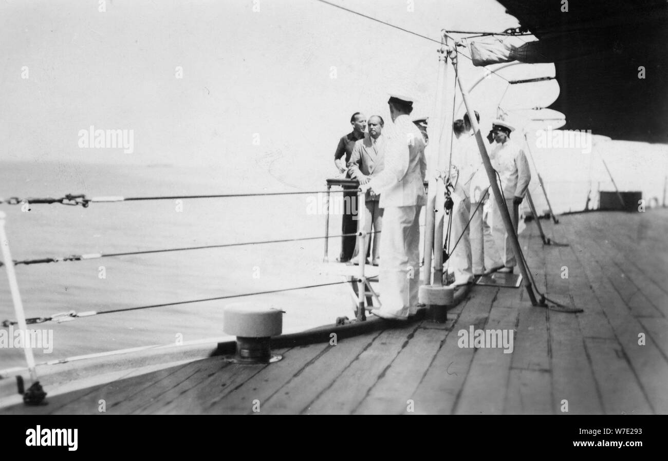 American actor and film director Douglas Fairbanks, Sr on board HMS 'Malaya', Venice, Italy 1938. Artist: Unknown Stock Photo