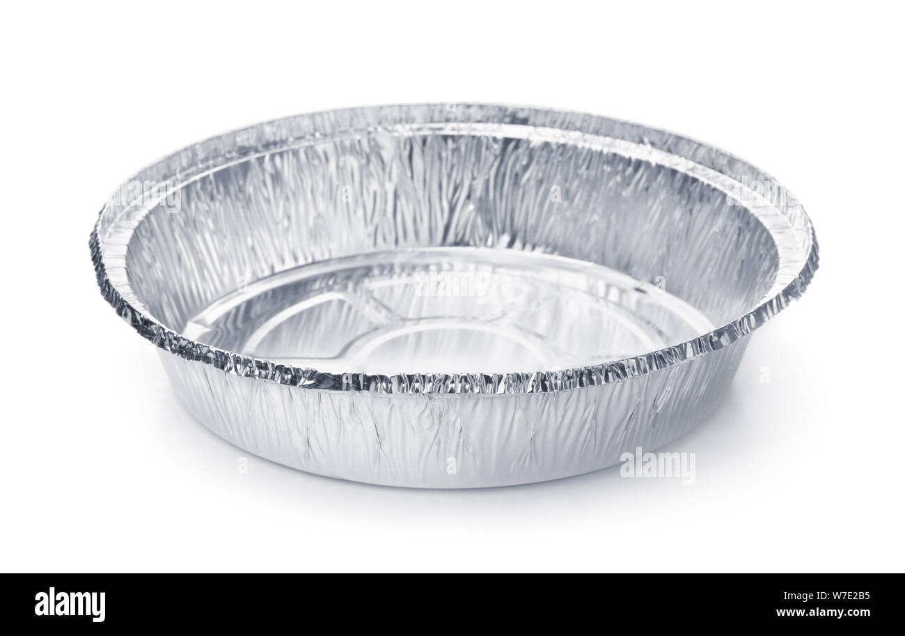 Empty disposable round aluminium food foil container isolated on white Stock Photo