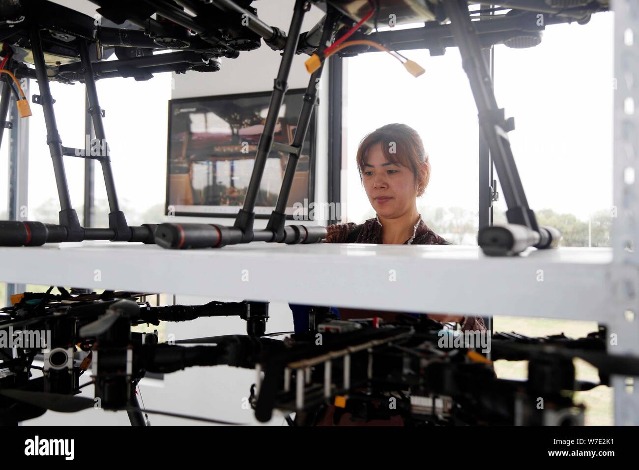 Drones, or UAVs (unmanned aerial vehicles), are on display at the China's first test-flight base for civilian drones of Civil Aviation Administration Stock Photo