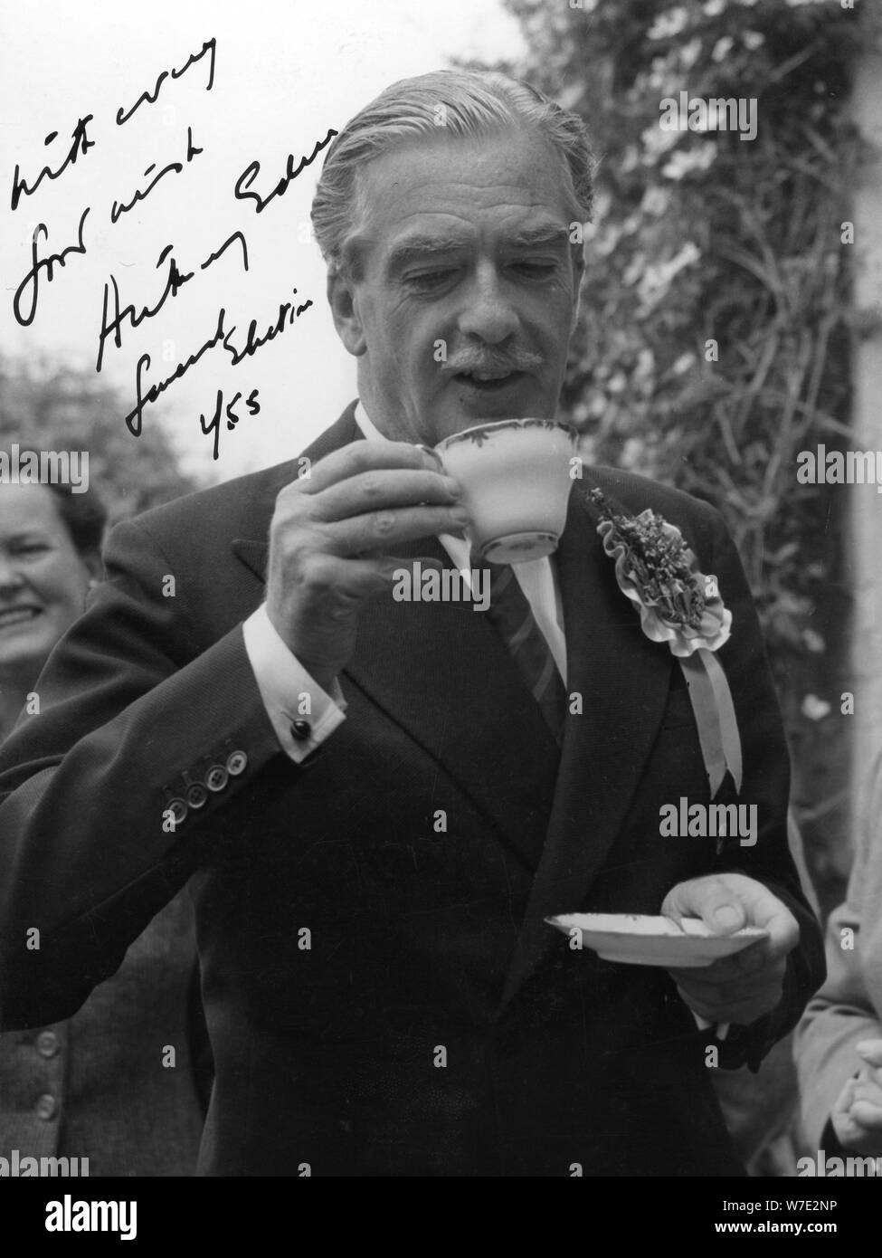 Anthony Eden, British Conservative politician, drinking a cup of tea, 1955. Artist: Unknown Stock Photo