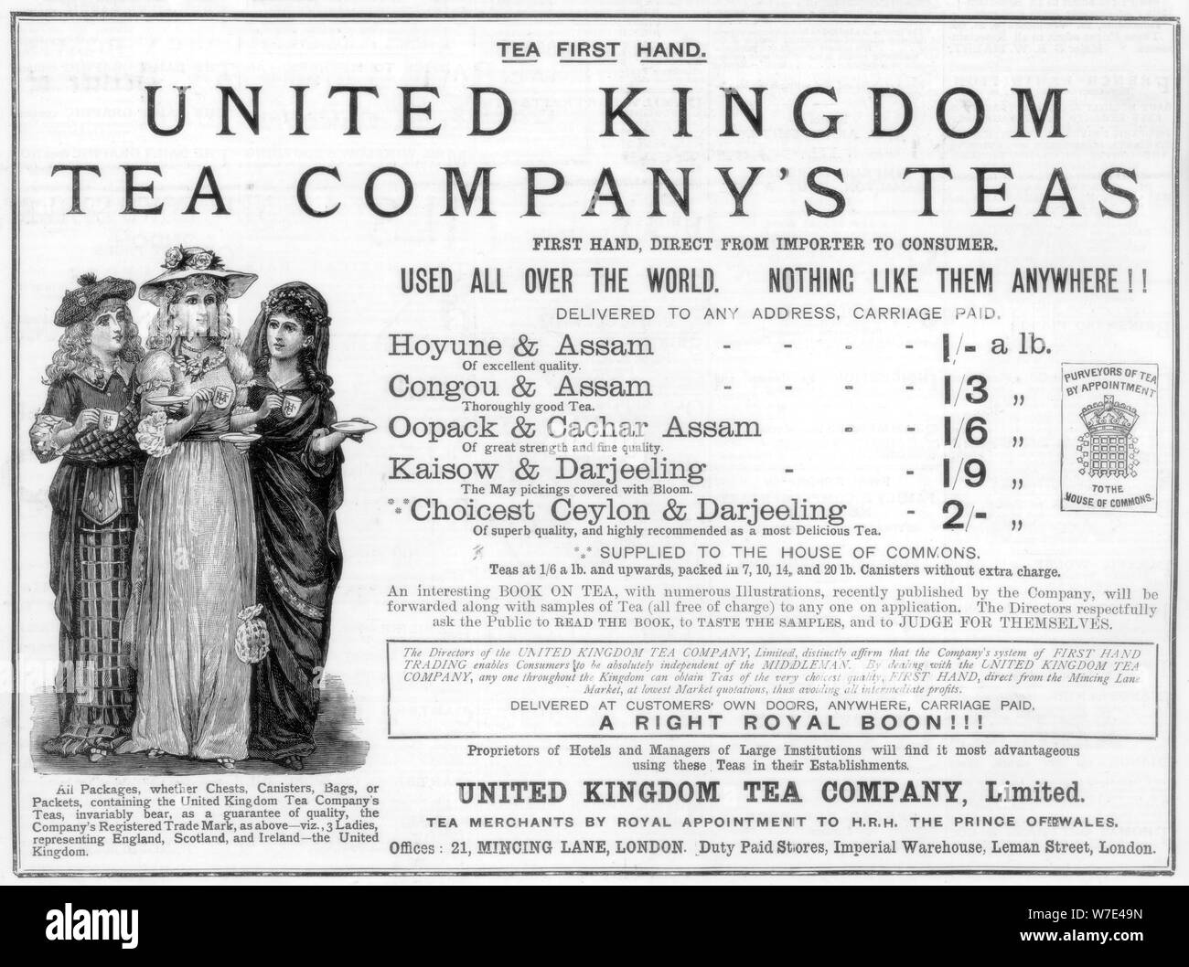Advertisement for the United Kingdom Tea Company, 1890. Artist: Unknown Stock Photo