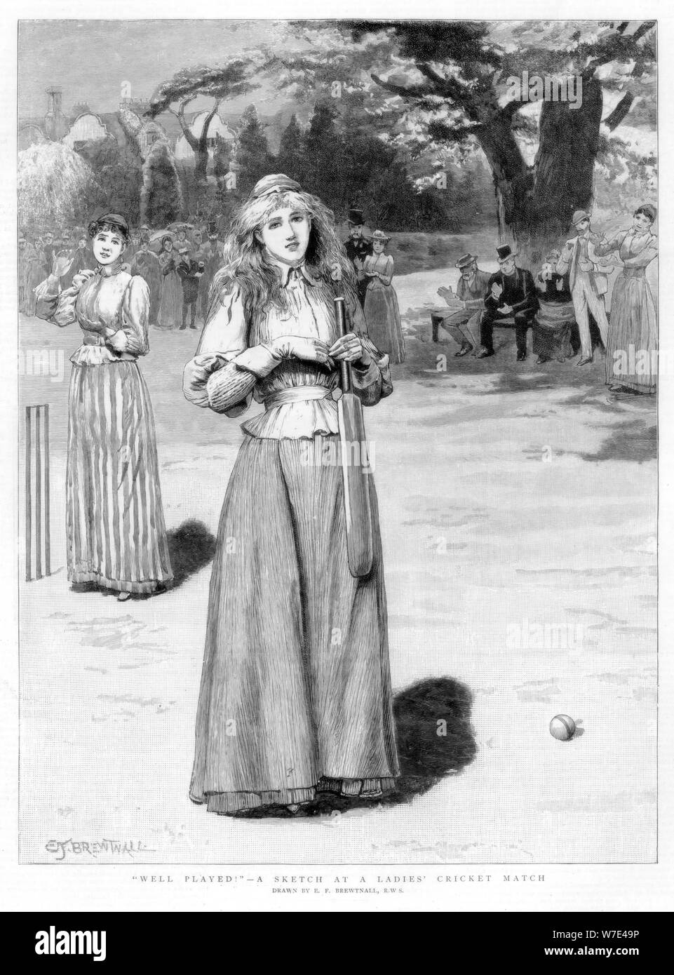 'Well played! - a sketch at a ladies' cricket match', 1890. Artist: Edward Frederick Brewtnall Stock Photo