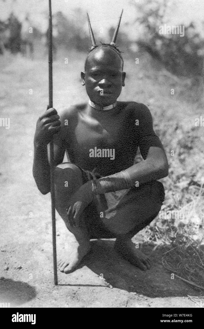 A boy with 'horns', Abercorn to Tukuyu, Tanganyika, 1925 (1927). Artist: Thomas A Glover Stock Photo