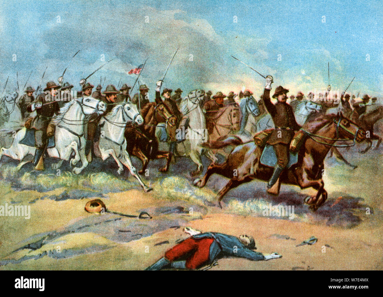 Cavalry charge by US regulars, Spanish-American War, 1898. Artist: Unknown Stock Photo