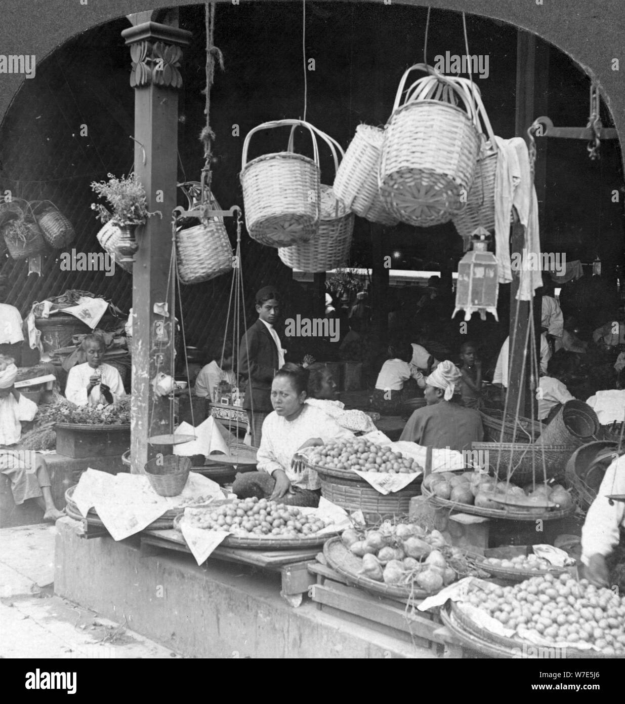 Shops in a native market, Rangoon, Burma, 1908. Artist: Stereo Travel Co  Stock Photo - Alamy
