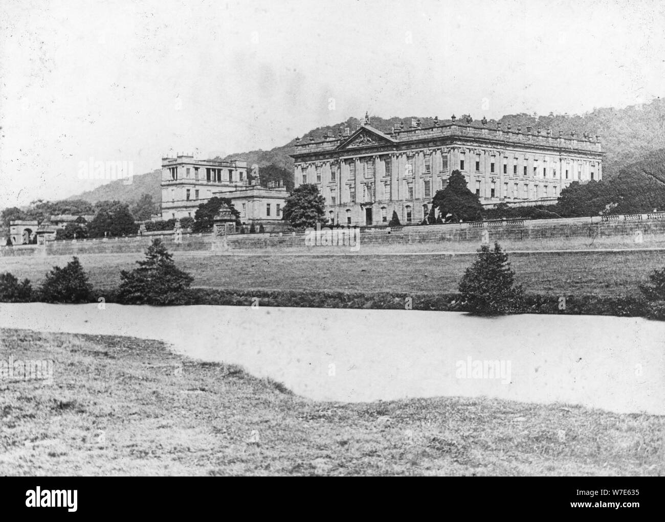 Chatsworth House from across the River Derwent, Derbyshire, late 19th or early 20th century. Artist: Unknown Stock Photo