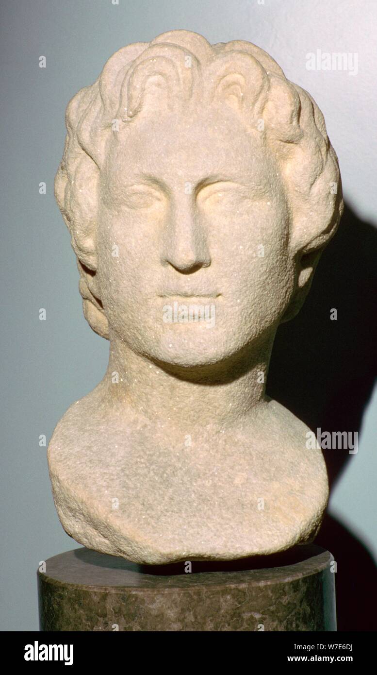Roman copy of a lost Greek original bust of Alexander the Great, 350 BC. Artist: Unknown Stock Photo