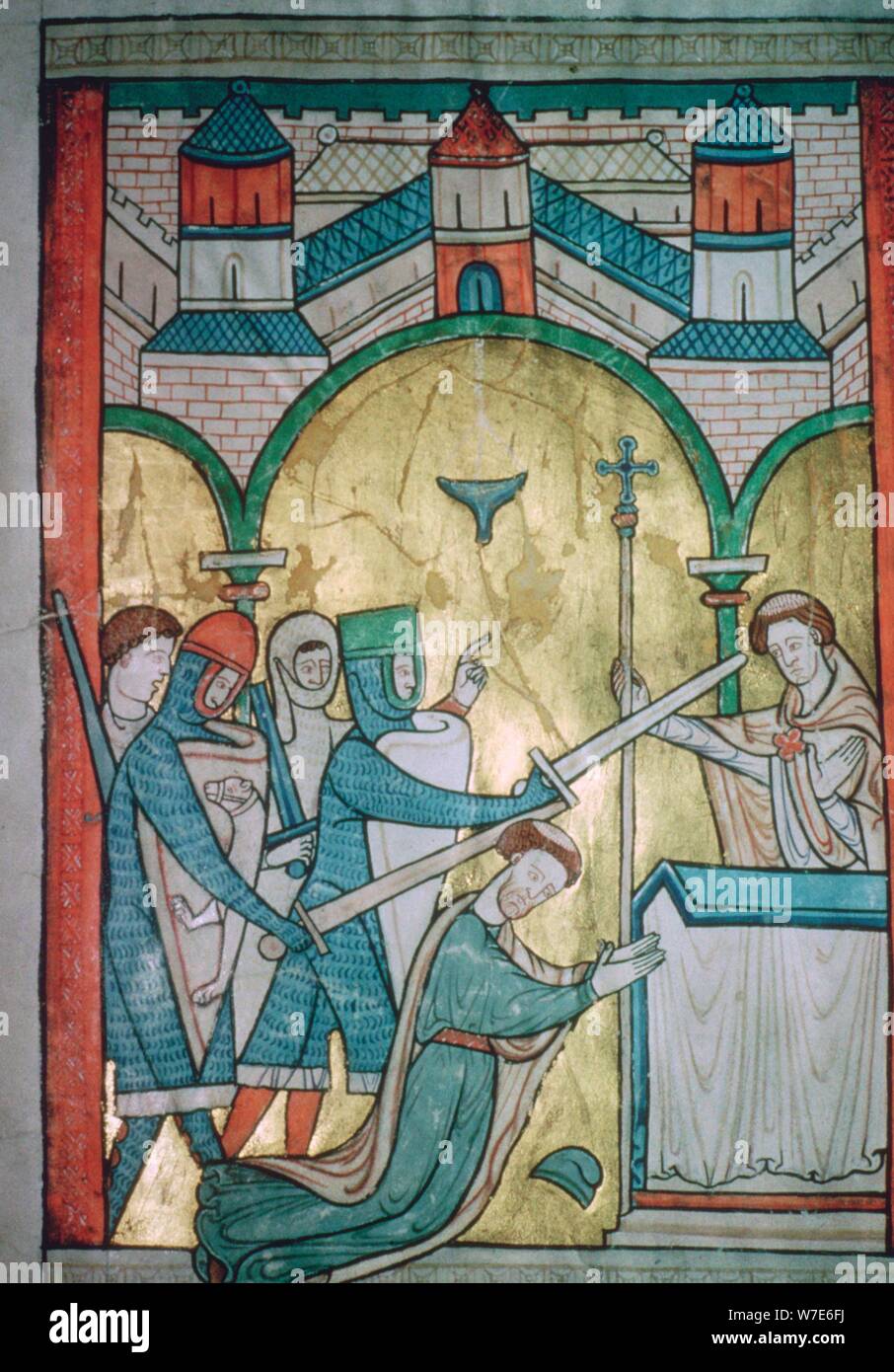 Twelfth century illustration of the murder of St Thomas-a-Becket (1118-1170) from a psalter. Stock Photo