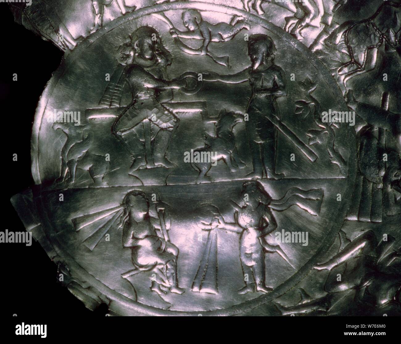 A Sassanid silver dish showing the investiture of a King. Artist: Unknown Stock Photo
