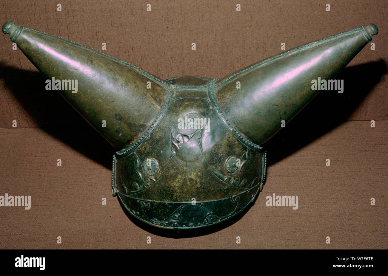 Horned British Celtic Bronze Helmet, 1st century BC. Stock Photo