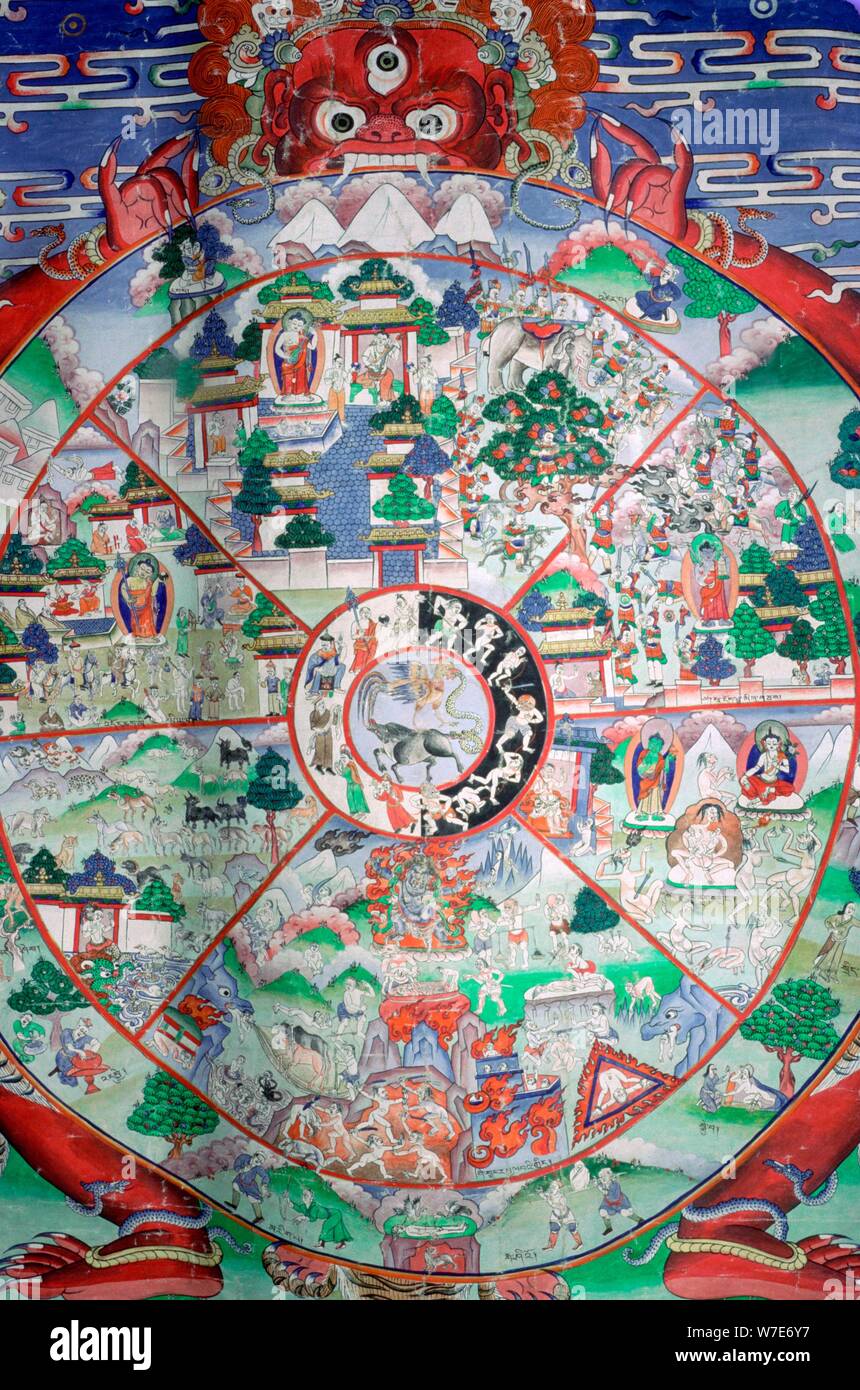 Tibetan painting of the wheel of transmigratory existence. Artist: Unknown Stock Photo