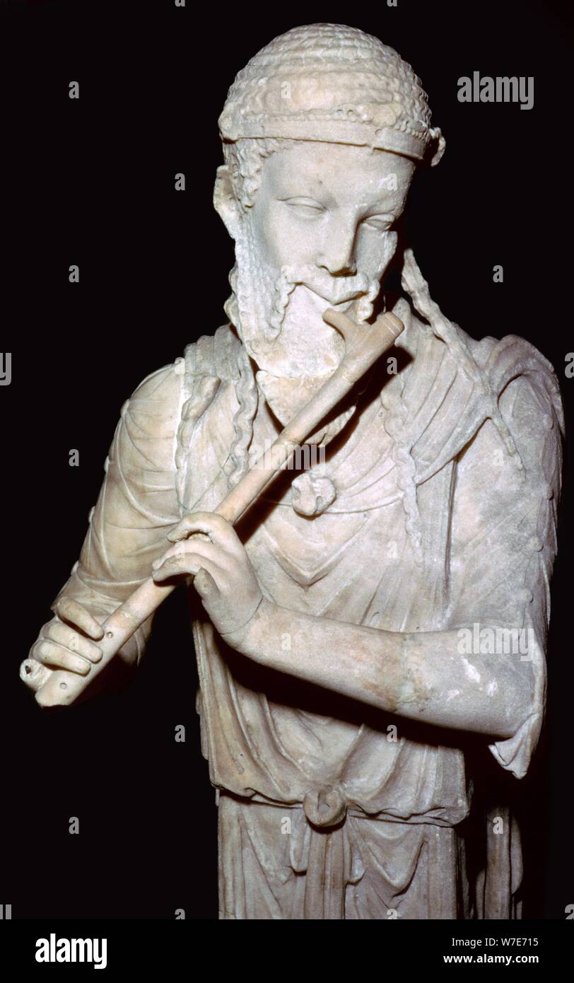 Marble herm: satyr playing the plagiaulos / flute, Lazio, Rome, Italy, 1st Century. Artist: Unknown Stock Photo