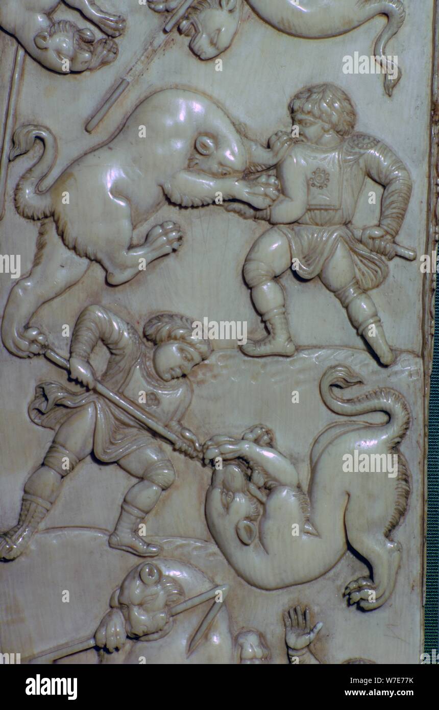 Detail from an ivory diptych of men fighting lions, 6th century. Artist: Unknown Stock Photo