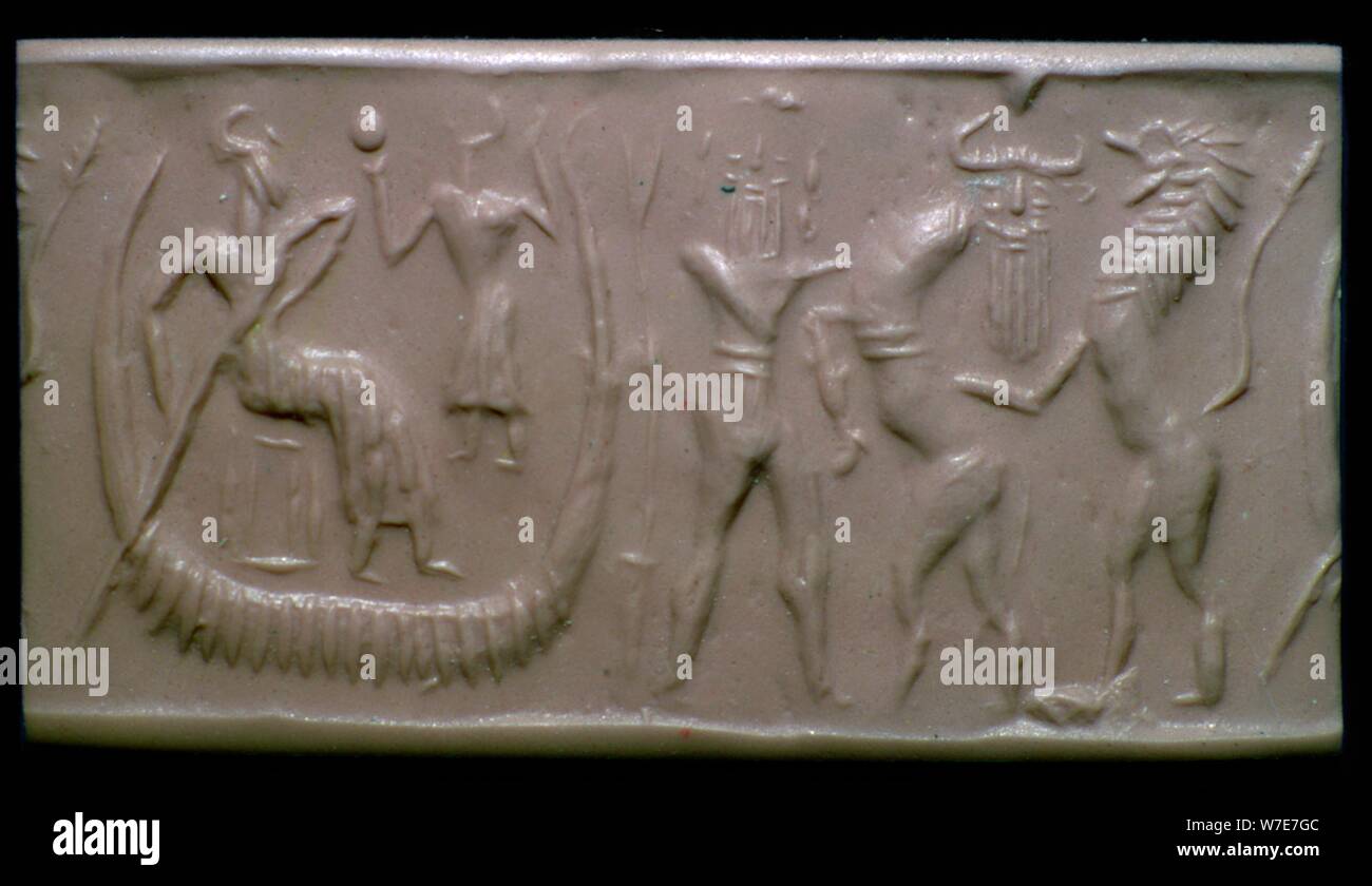 Akkadian cylinder-seal impression showing the flood-epic. Artist: Unknown Stock Photo