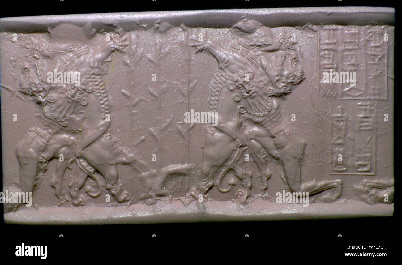 Akkadian cylinder-seal impression of Gilgamesh and a Lion. Artist: Unknown Stock Photo