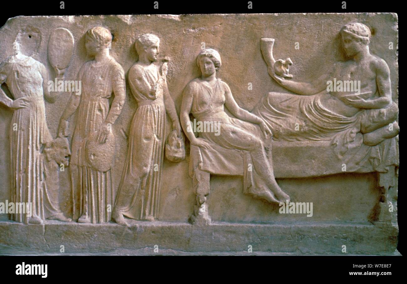 Greek votive relief of actors. Artist: Unknown Stock Photo