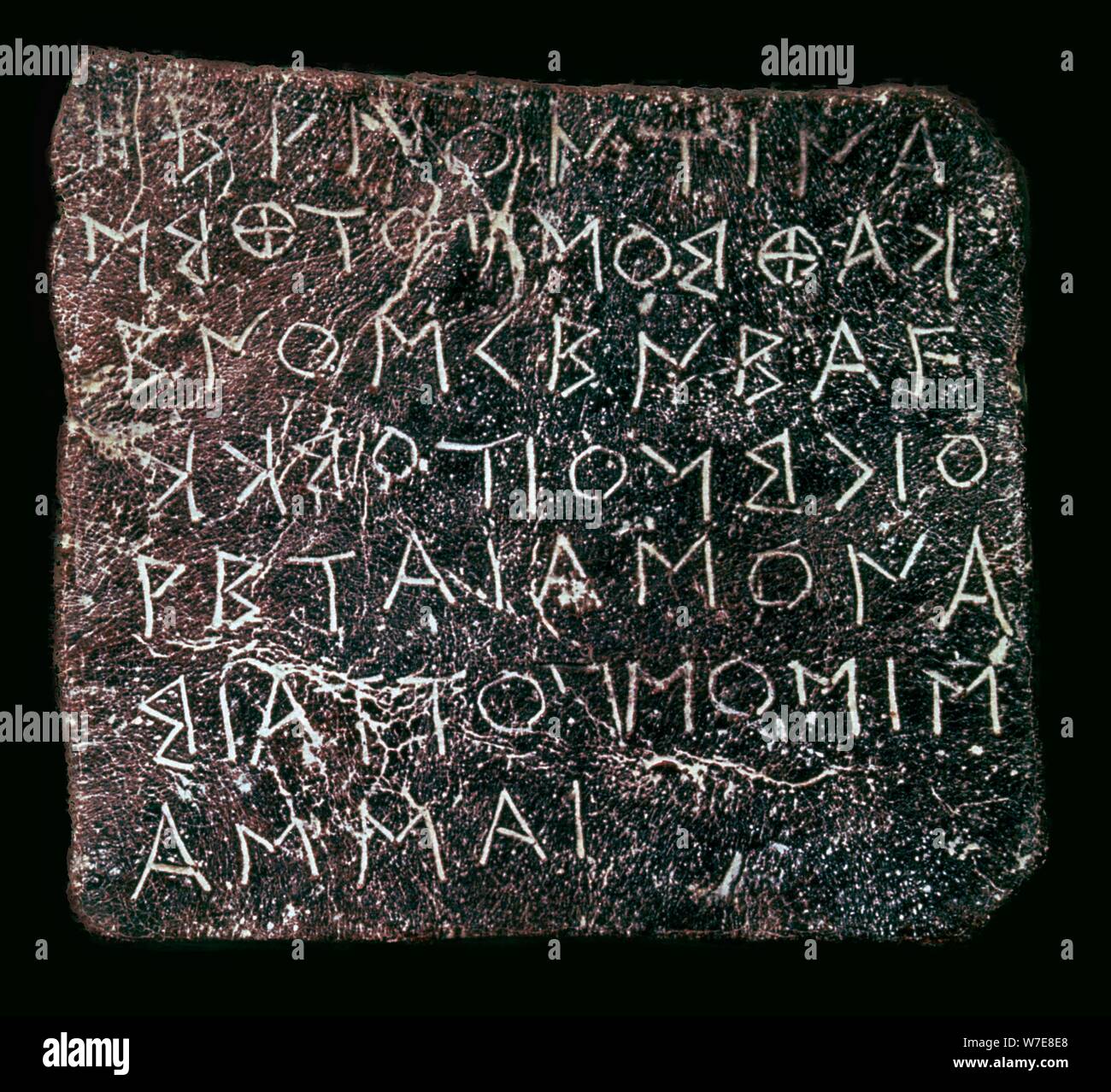 Lead tablet from the Sanctuary of Zeus at Dodona, 6th century BC. Artist: Unknown Stock Photo