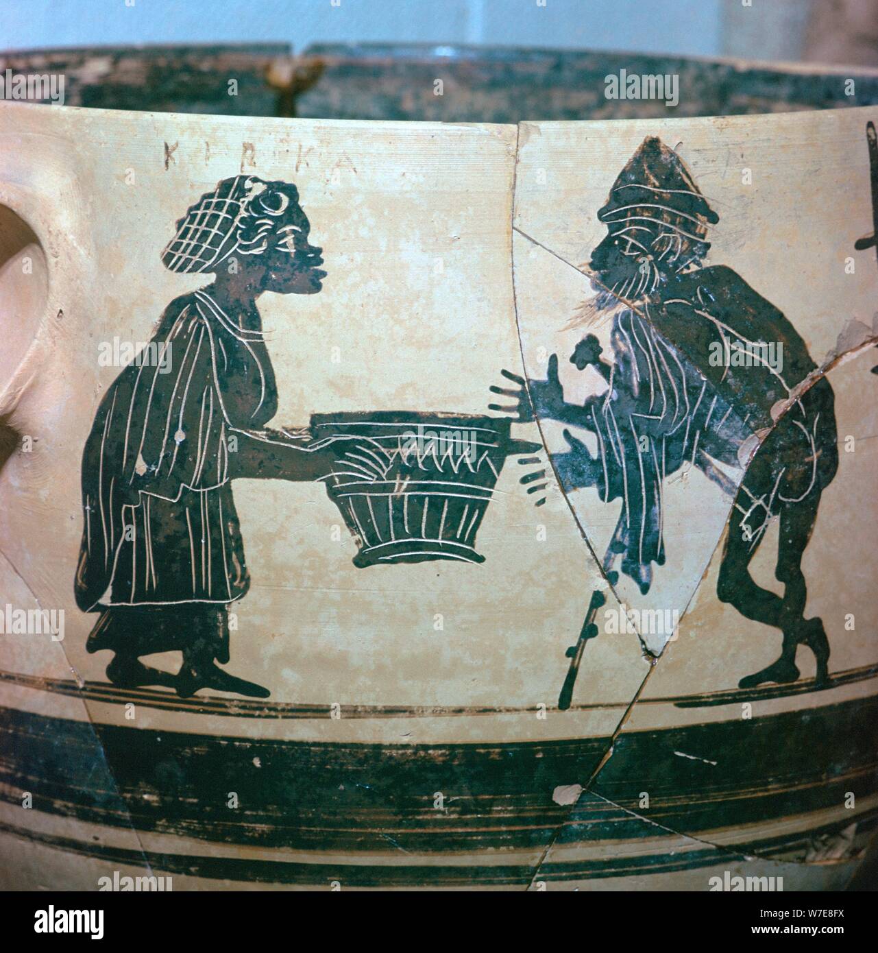Detail of a Greek vase showing Odysseus and Circe, 5th century BC. Artist:  Unknown Stock Photo - Alamy